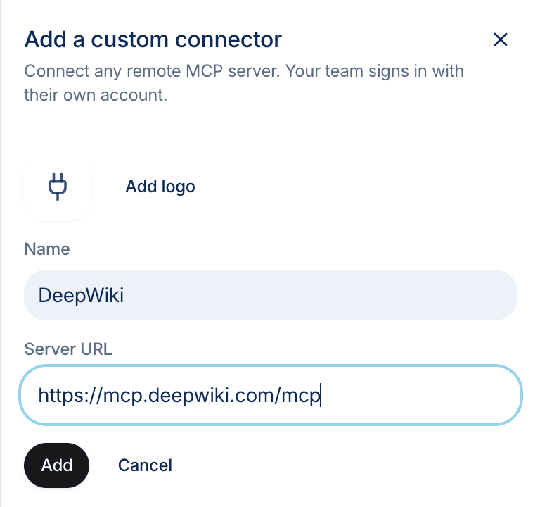 Das Formular für einen eigenen Connector mit ausgefülltem Namen und Server-URL