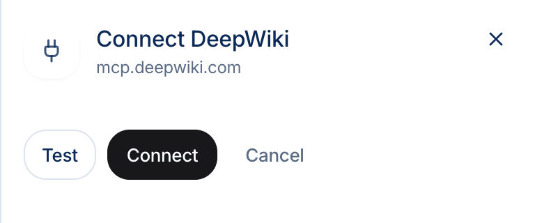 Der Verbindungsschritt mit den Buttons Test, Connect und Cancel