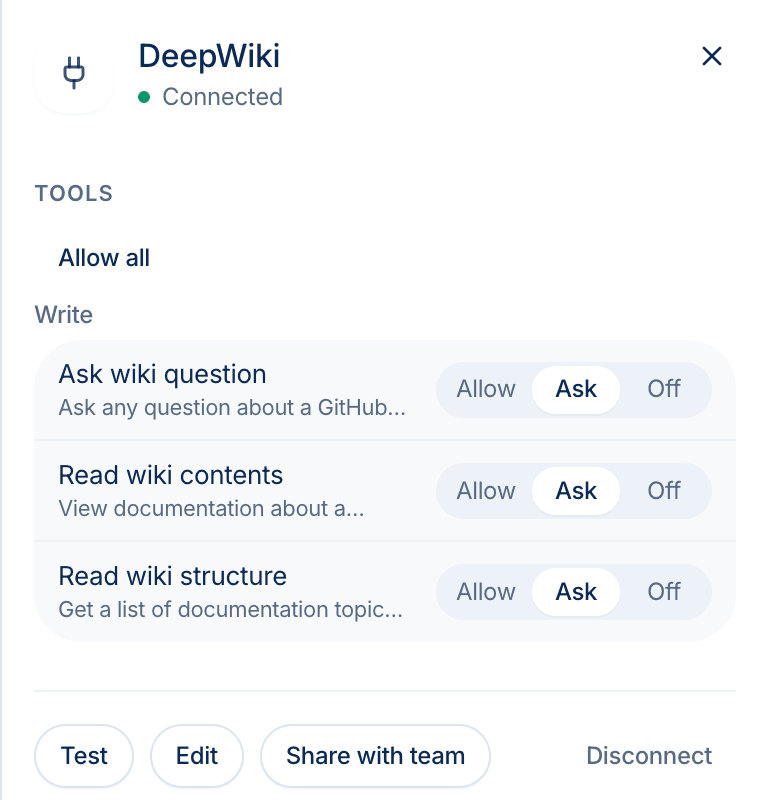 Die Tool-Liste des Connectors mit Allow, Ask und Off pro Tool